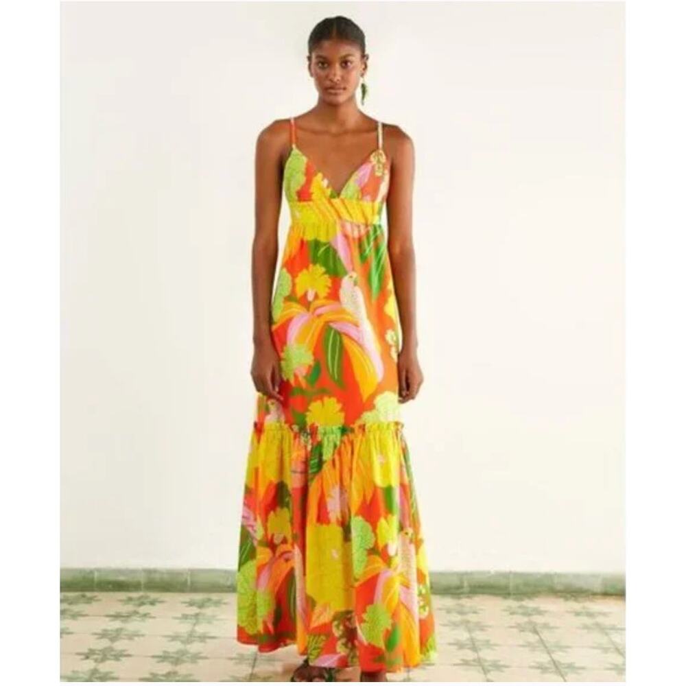 Anthropologie FARM Rio Neon Floral Tiered Cotton Maxi Dress Large